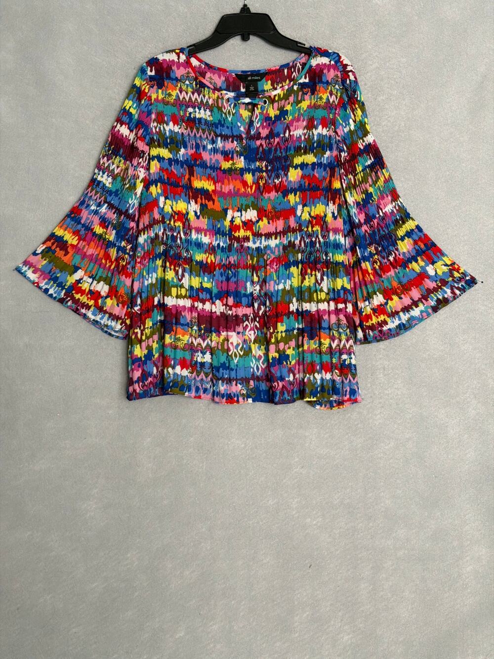 Ali Miles Micro-Pleated Top Bell Sleeves Abstract Print Women's Large NEW